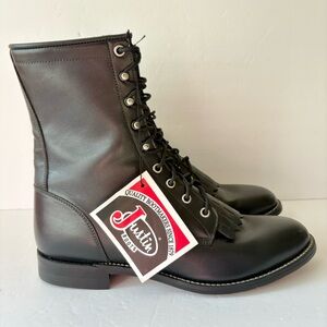 Justin Boots Black Leather Mens Combat Keltie Lace Up Boots EXTRA WIDE WIDTH